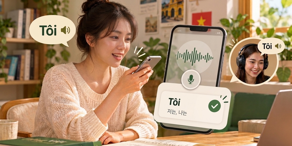 음성인식 앱으로 베트남어 발음 tôi 확인하는 모습